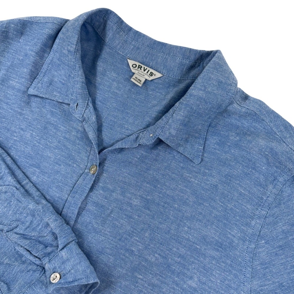 Orvis Button Down Shirt XL Long Sleeve Linen Blend Relaxed Blue Chambray Classic